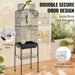 VEVOR 64-inch Open Top Large Parrot Bird Cage with Detachable Rolling Stand for Parakeets Finches Canaries Lovebirds Cockatiels Budgies Small Quaker Conures Flight Birdcage with Swing and Perch