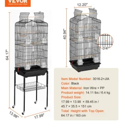 VEVOR 64-inch Open Top Large Parrot Bird Cage with Detachable Rolling Stand for Parakeets Finches Canaries Lovebirds Cockatiels Budgies Small Quaker Conures Flight Birdcage with Swing and Perch