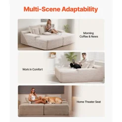 VEVOR 82.7-Inch Oversized Double Chaise Lounge, Corduroy Fabric Sectional Sofa, Cozy Deep Seat Loveseat Sofa with Soft Cushions and Throw Pillows for Living Room Bedroom, No Assembly Required, Beige