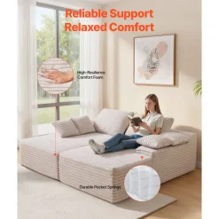 VEVOR 82.7-Inch Oversized Double Chaise Lounge, Corduroy Fabric Sectional Sofa, Cozy Deep Seat Loveseat Sofa with Soft Cushions and Throw Pillows for Living Room Bedroom, No Assembly Required, Beige