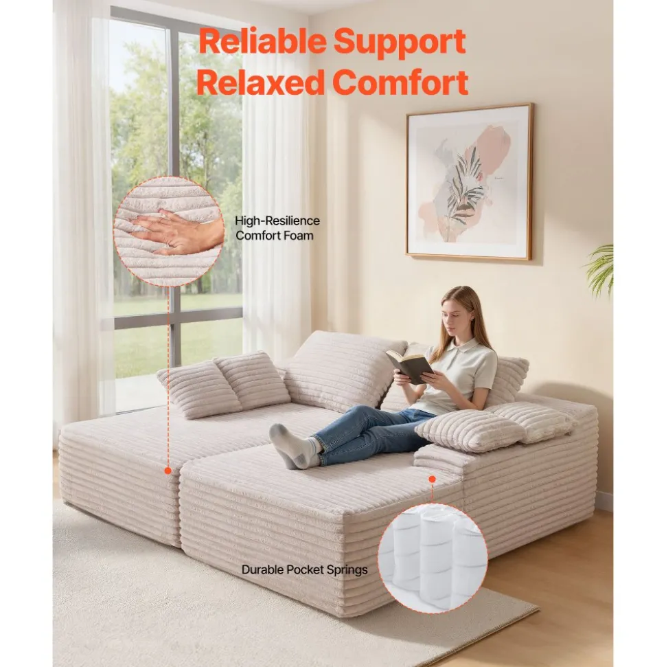 VEVOR 82.7-Inch Oversized Double Chaise Lounge, Corduroy Fabric Sectional Sofa, Cozy Deep Seat Loveseat Sofa with Soft Cushions and Throw Pillows for Living Room Bedroom, No Assembly Required, Beige