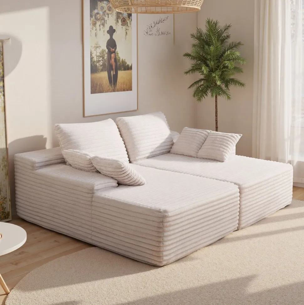 VEVOR 82.7-Inch Oversized Double Chaise Lounge, Corduroy Fabric Sectional Sofa, Cozy Deep Seat Loveseat Sofa with Soft Cushions and Throw Pillows for Living Room Bedroom, No Assembly Required, Beige