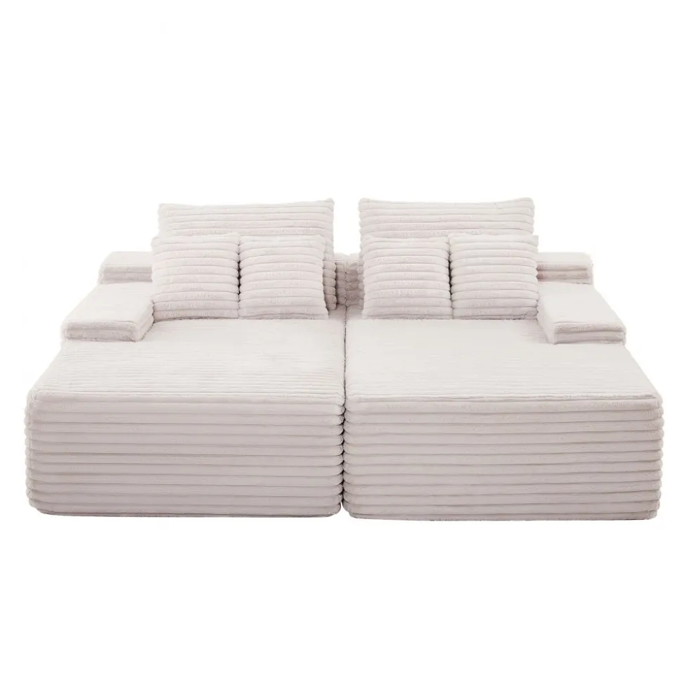 VEVOR 82.7-Inch Oversized Double Chaise Lounge, Corduroy Fabric Sectional Sofa, Cozy Deep Seat Loveseat Sofa with Soft Cushions and Throw Pillows for Living Room Bedroom, No Assembly Required, Beige
