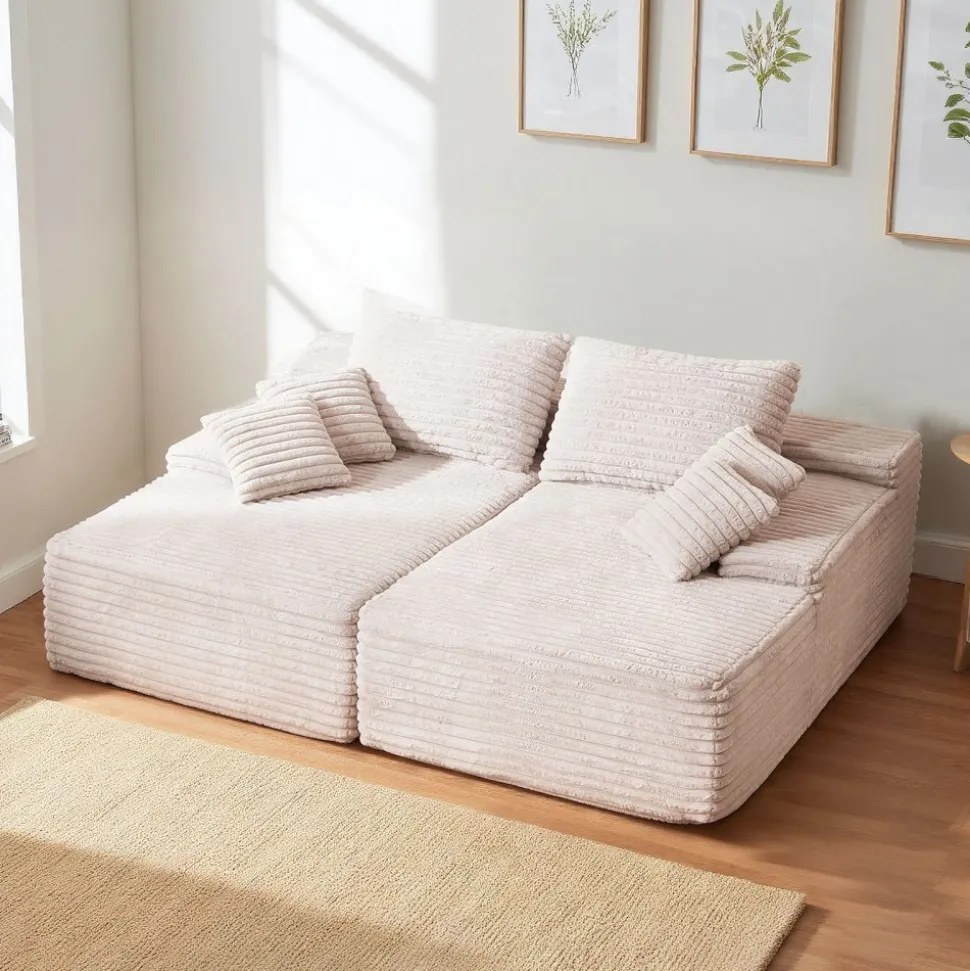 VEVOR 82.7-Inch Oversized Double Chaise Lounge, Corduroy Fabric Sectional Sofa, Cozy Deep Seat Loveseat Sofa with Soft Cushions and Throw Pillows for Living Room Bedroom, No Assembly Required, Beige