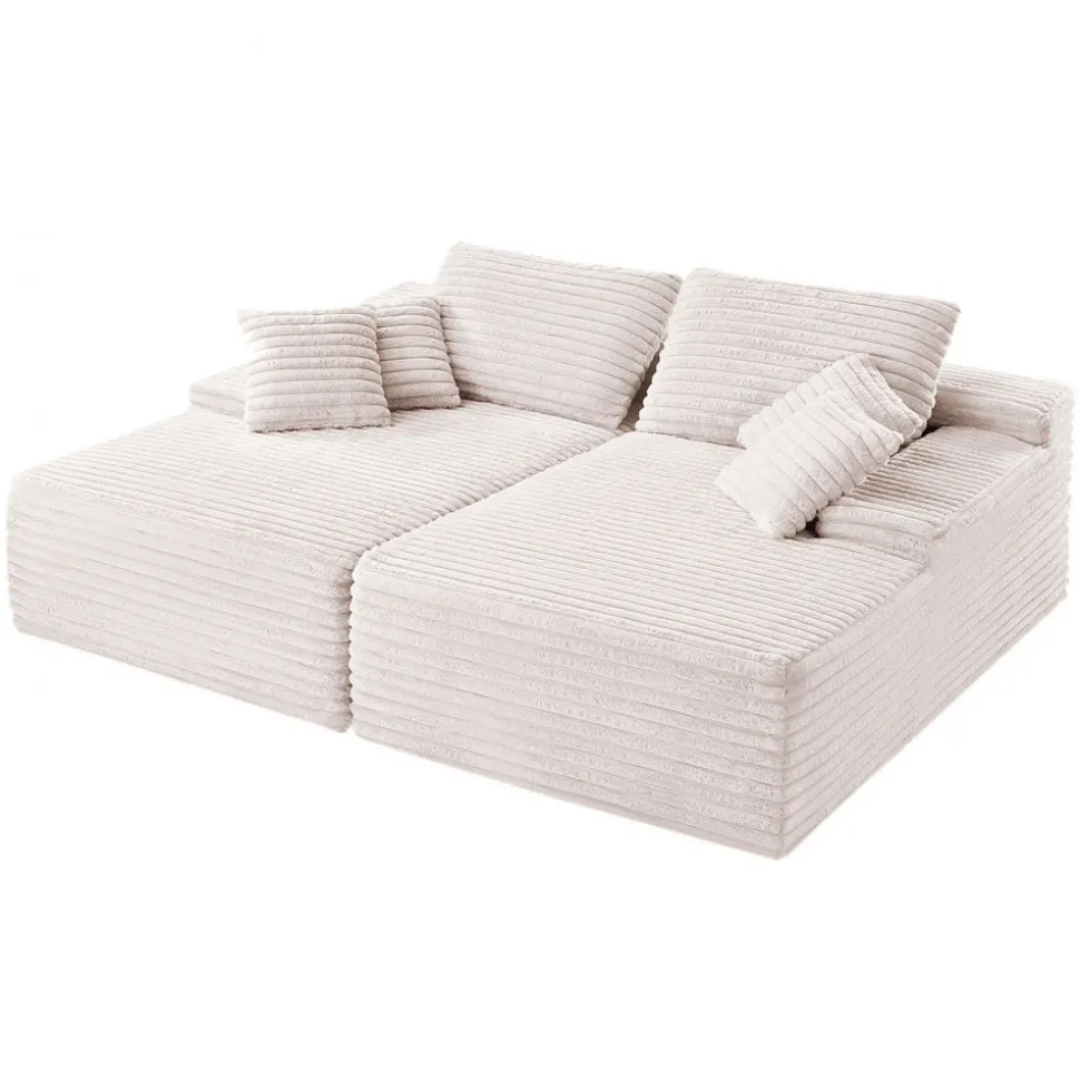 VEVOR 82.7-Inch Oversized Double Chaise Lounge, Corduroy Fabric Sectional Sofa, Cozy Deep Seat Loveseat Sofa with Soft Cushions and Throw Pillows for Living Room Bedroom, No Assembly Required, Beige