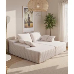 VEVOR 82.7-Inch Oversized Double Chaise Lounge, Corduroy Fabric Sectional Sofa, Cozy Deep Seat Loveseat Sofa with Soft Cushions and Throw Pillows for Living Room Bedroom, No Assembly Required, Beige