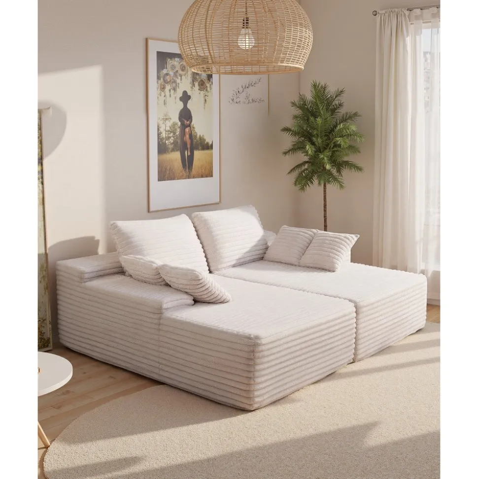 VEVOR 82.7-Inch Oversized Double Chaise Lounge, Corduroy Fabric Sectional Sofa, Cozy Deep Seat Loveseat Sofa with Soft Cushions and Throw Pillows for Living Room Bedroom, No Assembly Required, Beige
