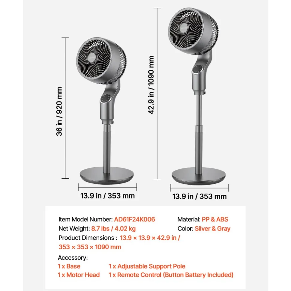 VEVOR 9-Inch Pedestal Fan, 80° Oscillating Standing Floor Fan with Quite DC Motor, Remote Control, 9 Speeds & 4 Smart Modes, 24H Timer, Adjustable Height, for Home, Bedroom, Living Room, Silver Gray