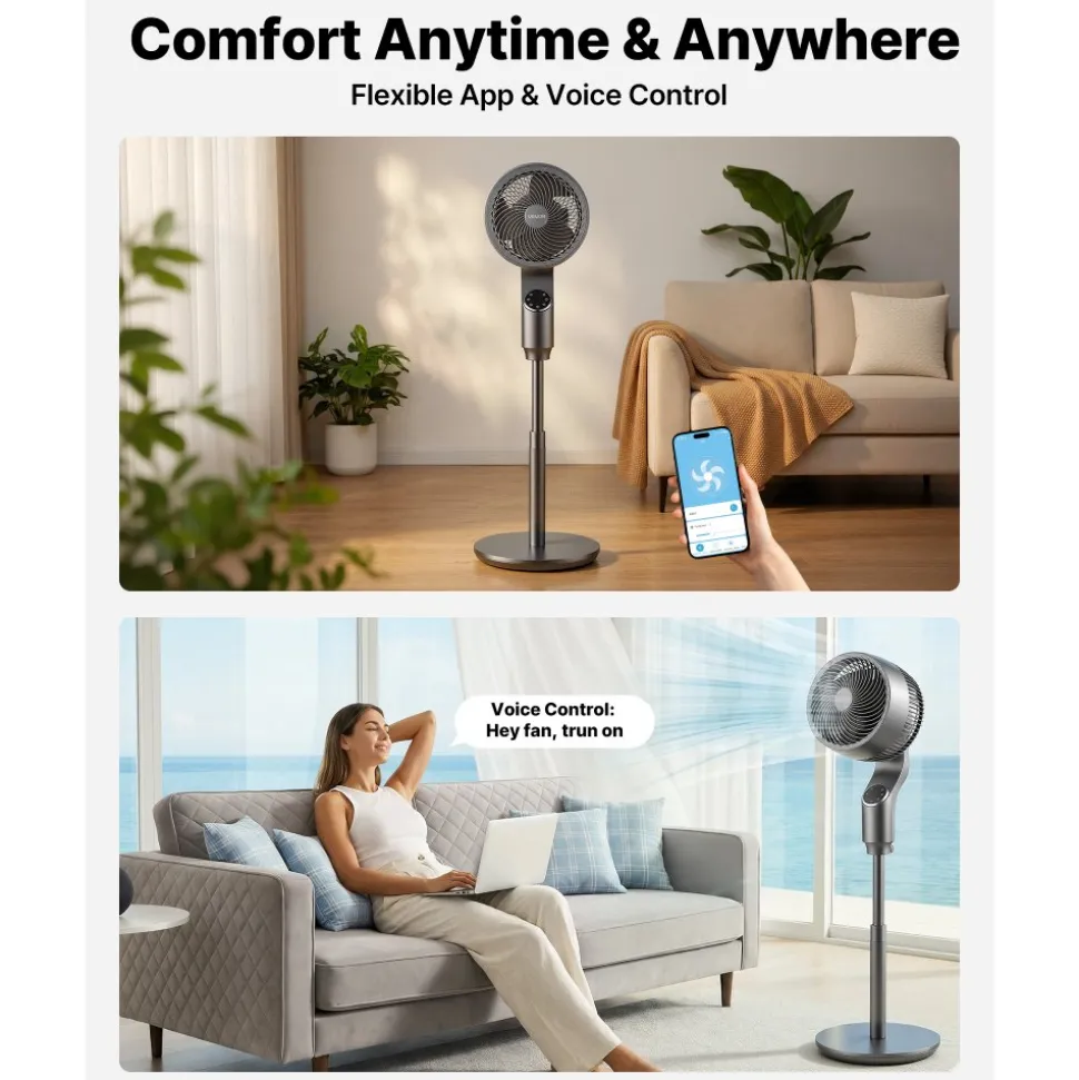 VEVOR 9-Inch Pedestal Fan, 80° Oscillating Standing Floor Fan with Quite DC Motor, Remote Control, 9 Speeds & 4 Smart Modes, 24H Timer, Adjustable Height, for Home, Bedroom, Living Room, Silver Gray