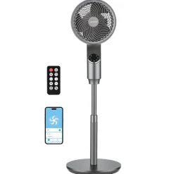 VEVOR 9-Inch Pedestal Fan, 80° Oscillating Standing Floor Fan with Quite DC Motor, Remote Control, 9 Speeds & 4 Smart Modes, 24H Timer, Adjustable Height, for Home, Bedroom, Living Room, Silver Gray