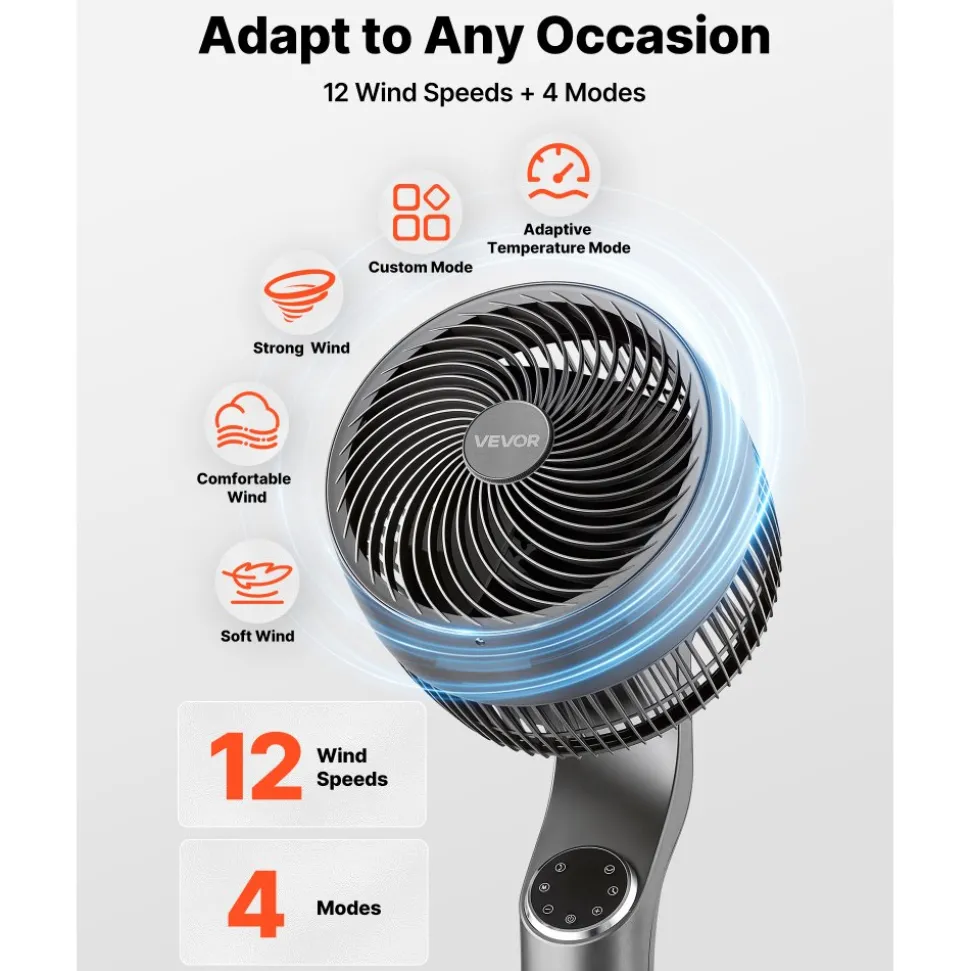 VEVOR 9-Inch Pedestal Fan, 80° Oscillating Standing Floor Fan with Quite DC Motor, Remote Control, 9 Speeds & 4 Smart Modes, 24H Timer, Adjustable Height, for Home, Bedroom, Living Room, Silver Gray