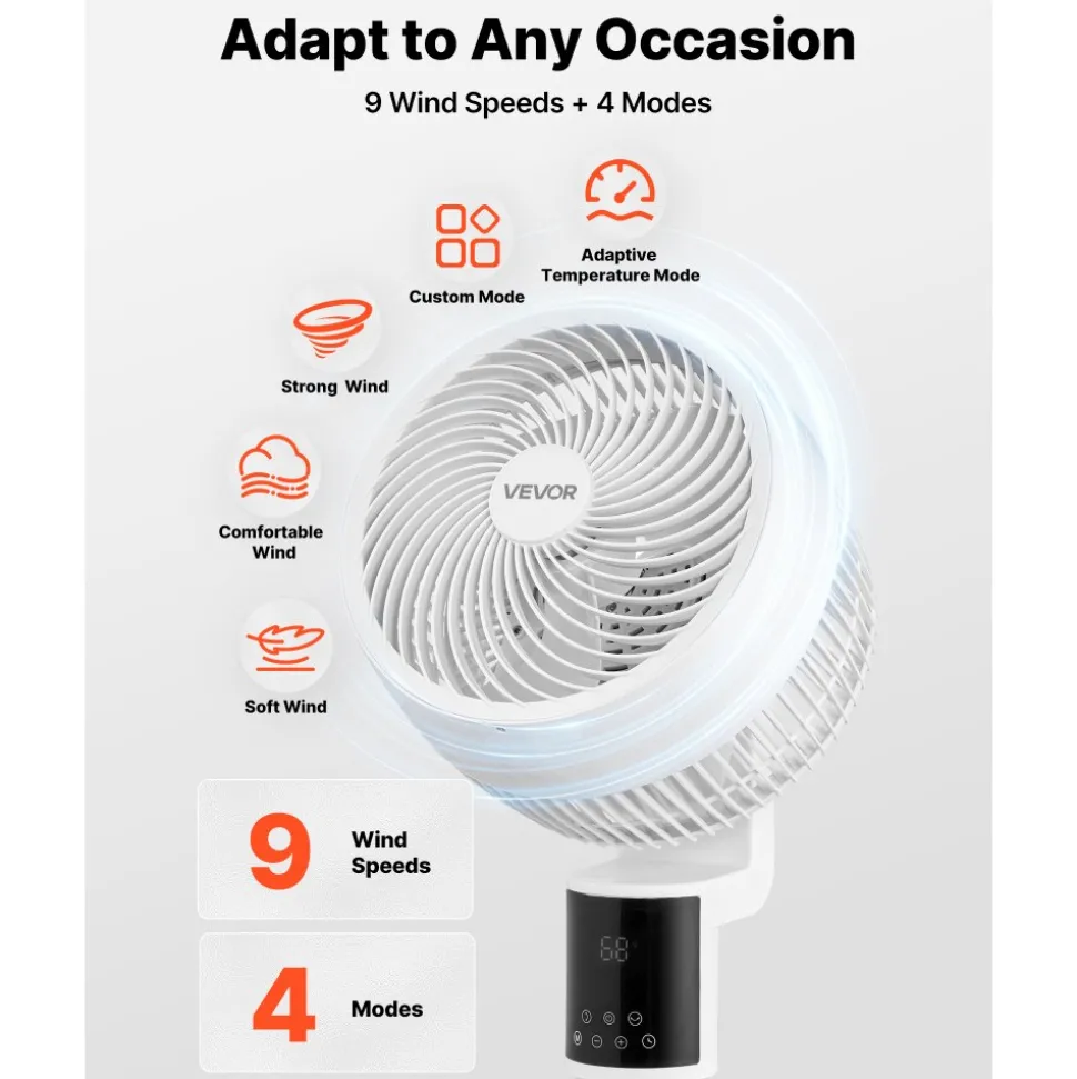 VEVOR 9-Inch Pedestal Fan, 80° Oscillating Standing Floor Fan with Quite DC Motor, Remote Control, 9 Speeds & 4 Smart Modes, 24H Timer, Adjustable Height, for Home, Bedroom, Living Room, White