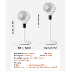 VEVOR 9-Inch Pedestal Fan, 80° Oscillating Standing Floor Fan with Quite DC Motor, Remote Control, 9 Speeds & 4 Smart Modes, 24H Timer, Adjustable Height, for Home, Bedroom, Living Room, White