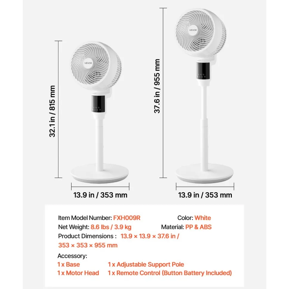 VEVOR 9-Inch Pedestal Fan, 80° Oscillating Standing Floor Fan with Quite DC Motor, Remote Control, 9 Speeds & 4 Smart Modes, 24H Timer, Adjustable Height, for Home, Bedroom, Living Room, White