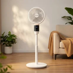 VEVOR 9-Inch Pedestal Fan, 80° Oscillating Standing Floor Fan with Quite DC Motor, Remote Control, 9 Speeds & 4 Smart Modes, 24H Timer, Adjustable Height, for Home, Bedroom, Living Room, White