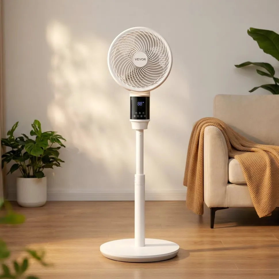 VEVOR 9-Inch Pedestal Fan, 80° Oscillating Standing Floor Fan with Quite DC Motor, Remote Control, 9 Speeds & 4 Smart Modes, 24H Timer, Adjustable Height, for Home, Bedroom, Living Room, White