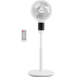 VEVOR 9-Inch Pedestal Fan, 80° Oscillating Standing Floor Fan with Quite DC Motor, Remote Control, 9 Speeds & 4 Smart Modes, 24H Timer, Adjustable Height, for Home, Bedroom, Living Room, White