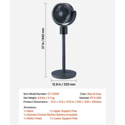 VEVOR 7-Inch Pedestal Fan, Oscillating Standing Floor Fan with DC Motor, Remote Control, 12 Speeds & 3 Modes, 15H Timer, Adjustable Height, Quiet for Home, Bedroom, Living Room, Study Room, Blue Gray