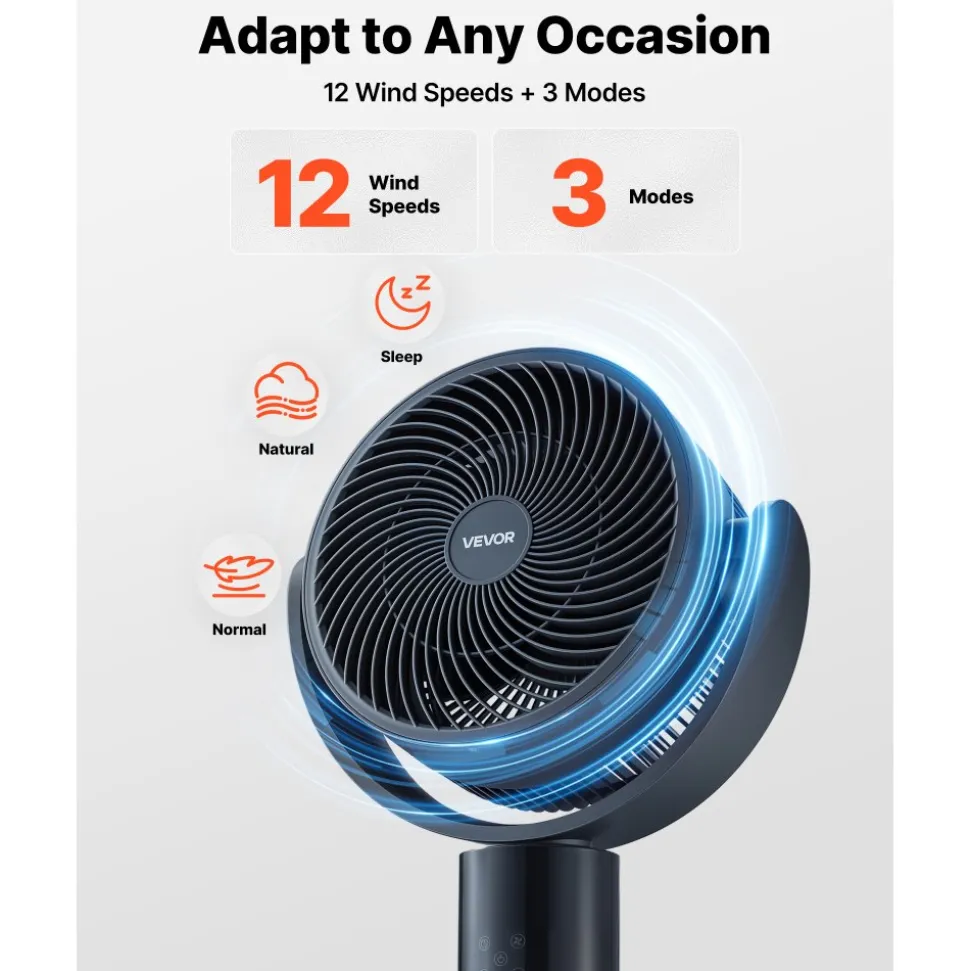 VEVOR 7-Inch Pedestal Fan, Oscillating Standing Floor Fan with DC Motor, Remote Control, 12 Speeds & 3 Modes, 15H Timer, Adjustable Height, Quiet for Home, Bedroom, Living Room, Study Room, Blue Gray