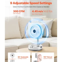 VEVOR 10 inch Portable Foldable Rechargeable Oscillating Fan, 3-in-1 Battery Operated with Remote Control, Quiet Desk/Table Pedestal Fan, 9 Speeds,90-degree Auto Left/Right Rotation,for Home,Office