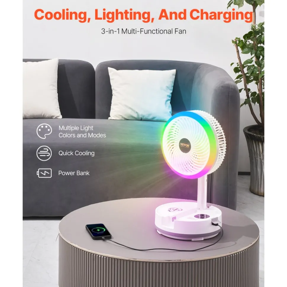 VEVOR 10 inch Portable Foldable Rechargeable Oscillating Fan, 3-in-1 Battery Operated with Remote Control, Quiet Desk/Table Pedestal Fan, 9 Speeds,90-degree Auto Left/Right Rotation,for Home,Office