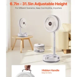 VEVOR 10 inch Portable Foldable Rechargeable Oscillating Fan, 3-in-1 Battery Operated with Remote Control, Quiet Desk/Table Pedestal Fan, 9 Speeds,90-degree Auto Left/Right Rotation,for Home,Office