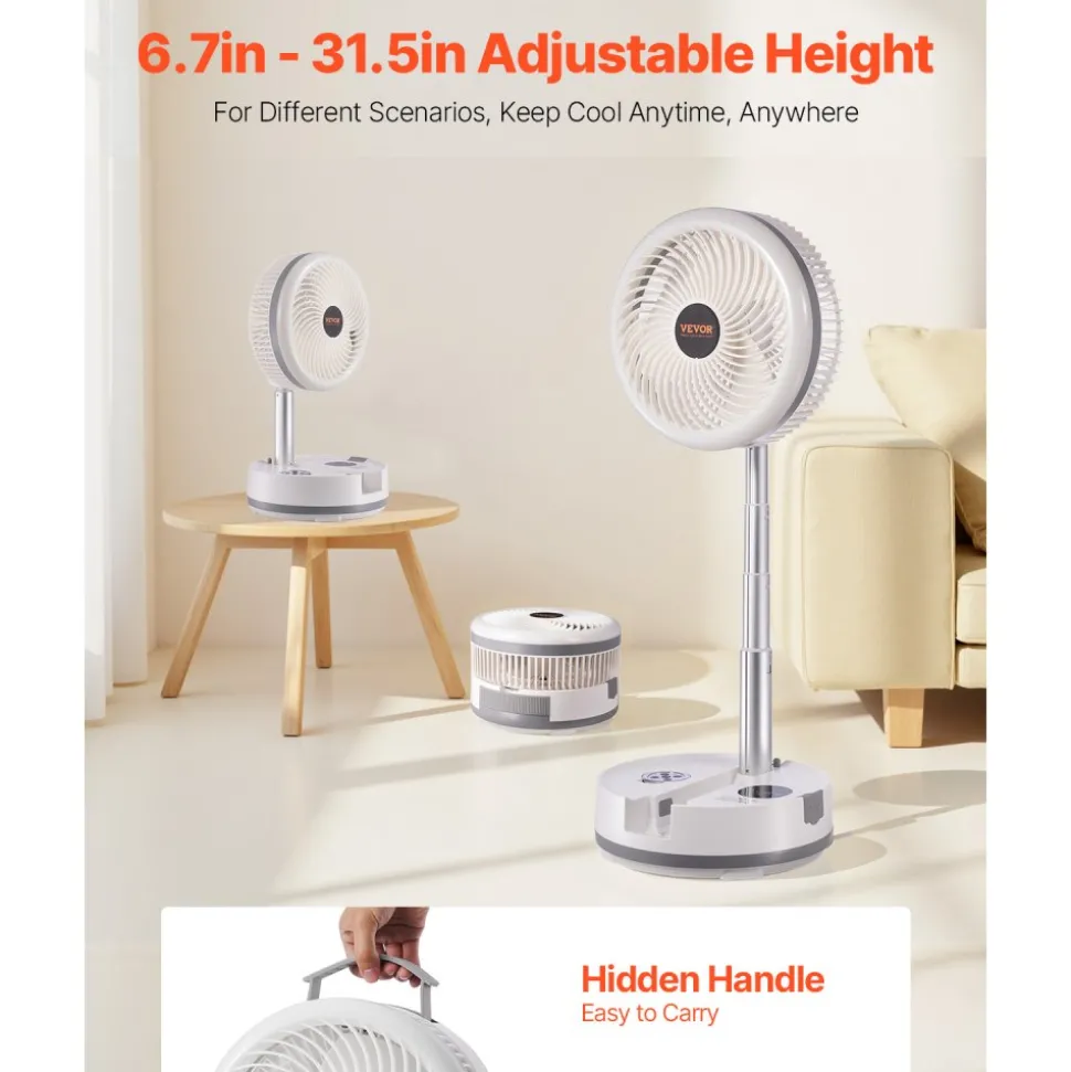VEVOR 10 inch Portable Foldable Rechargeable Oscillating Fan, 3-in-1 Battery Operated with Remote Control, Quiet Desk/Table Pedestal Fan, 9 Speeds,90-degree Auto Left/Right Rotation,for Home,Office