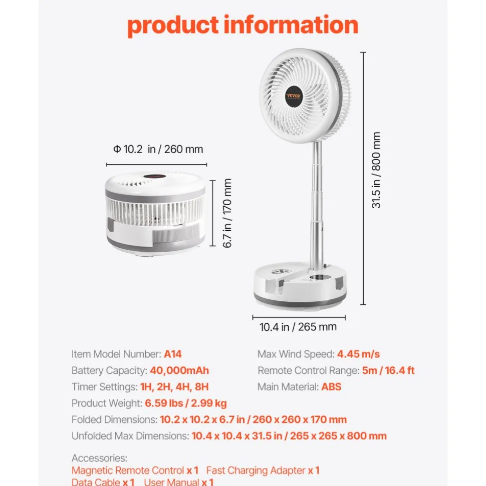 VEVOR 10 inch Portable Foldable Rechargeable Oscillating Fan, 3-in-1 Battery Operated with Remote Control, Quiet Desk/Table Pedestal Fan, 9 Speeds,90-degree Auto Left/Right Rotation,for Home,Office