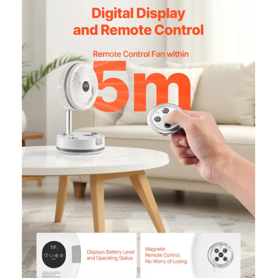 VEVOR 10 inch Portable Foldable Rechargeable Oscillating Fan, 3-in-1 Battery Operated with Remote Control, Quiet Desk/Table Pedestal Fan, 9 Speeds,90-degree Auto Left/Right Rotation,for Home,Office