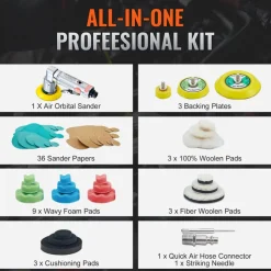 VEVOR 1/2/3 Inch Random Orbital Air Sander, High-Speed 15000RPM Mini Pneumatic Sander for Auto Body Work, 58PCS Air Powered Sander Kit with Sandpapers, Wool Pad, Wavy Sponges