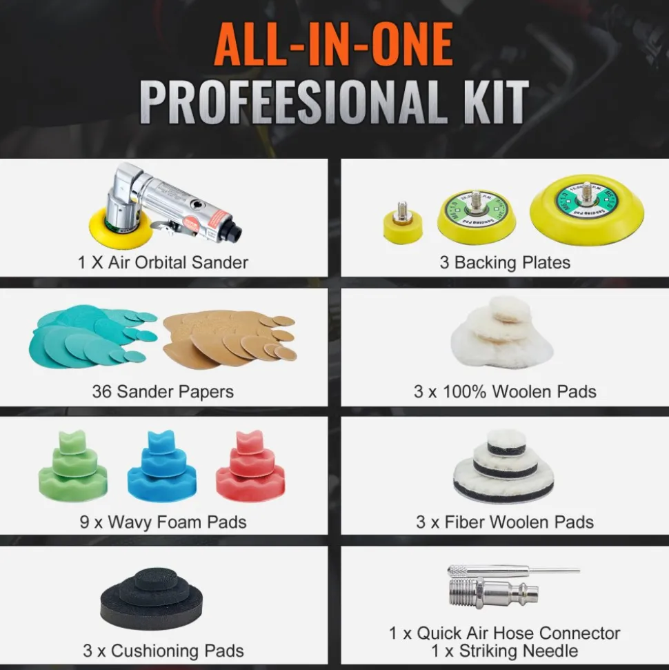 VEVOR 1/2/3 Inch Random Orbital Air Sander, High-Speed 15000RPM Mini Pneumatic Sander for Auto Body Work, 58PCS Air Powered Sander Kit with Sandpapers, Wool Pad, Wavy Sponges