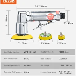 VEVOR 1/2/3 Inch Random Orbital Air Sander, High-Speed 15000RPM Mini Pneumatic Sander for Auto Body Work, 58PCS Air Powered Sander Kit with Sandpapers, Wool Pad, Wavy Sponges