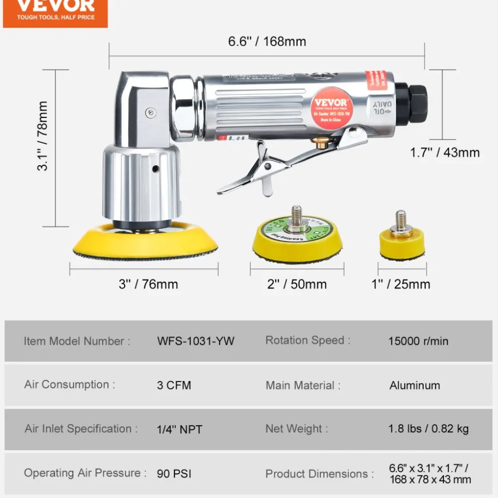 VEVOR 1/2/3 Inch Random Orbital Air Sander, High-Speed 15000RPM Mini Pneumatic Sander for Auto Body Work, 58PCS Air Powered Sander Kit with Sandpapers, Wool Pad, Wavy Sponges