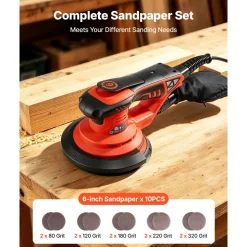 VEVOR 6-Inch Random Orbital Sander 400W Brushless Orbital Sander, 4000-10000RPM 7 Speeds Electric Palm Sanders with 10PCS Sandpapers, Dust Bag & Vacuum Hose for Woodworking Detailing Sanding