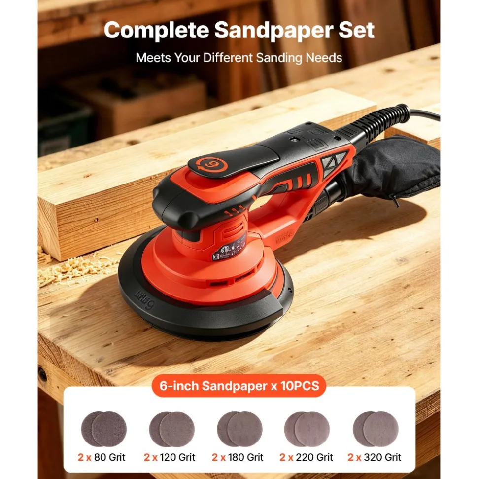 VEVOR 6-Inch Random Orbital Sander 400W Brushless Orbital Sander, 4000-10000RPM 7 Speeds Electric Palm Sanders with 10PCS Sandpapers, Dust Bag & Vacuum Hose for Woodworking Detailing Sanding