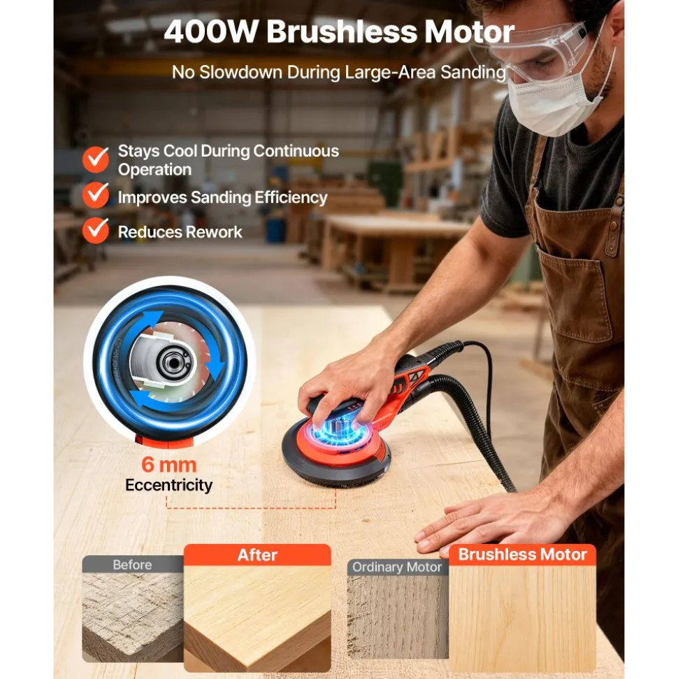 VEVOR 6-Inch Random Orbital Sander 400W Brushless Orbital Sander, 4000-10000RPM 7 Speeds Electric Palm Sanders with 10PCS Sandpapers, Dust Bag & Vacuum Hose for Woodworking Detailing Sanding