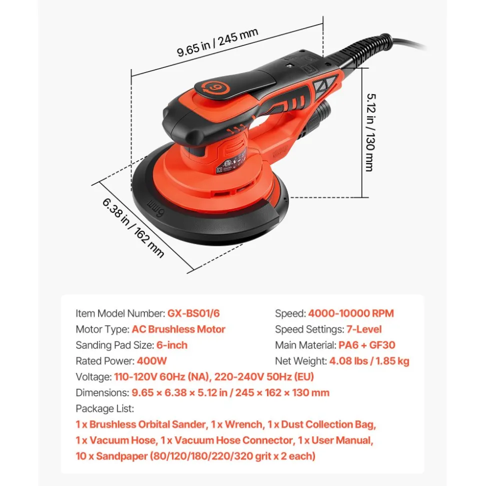 VEVOR 6-Inch Random Orbital Sander 400W Brushless Orbital Sander, 4000-10000RPM 7 Speeds Electric Palm Sanders with 10PCS Sandpapers, Dust Bag & Vacuum Hose for Woodworking Detailing Sanding