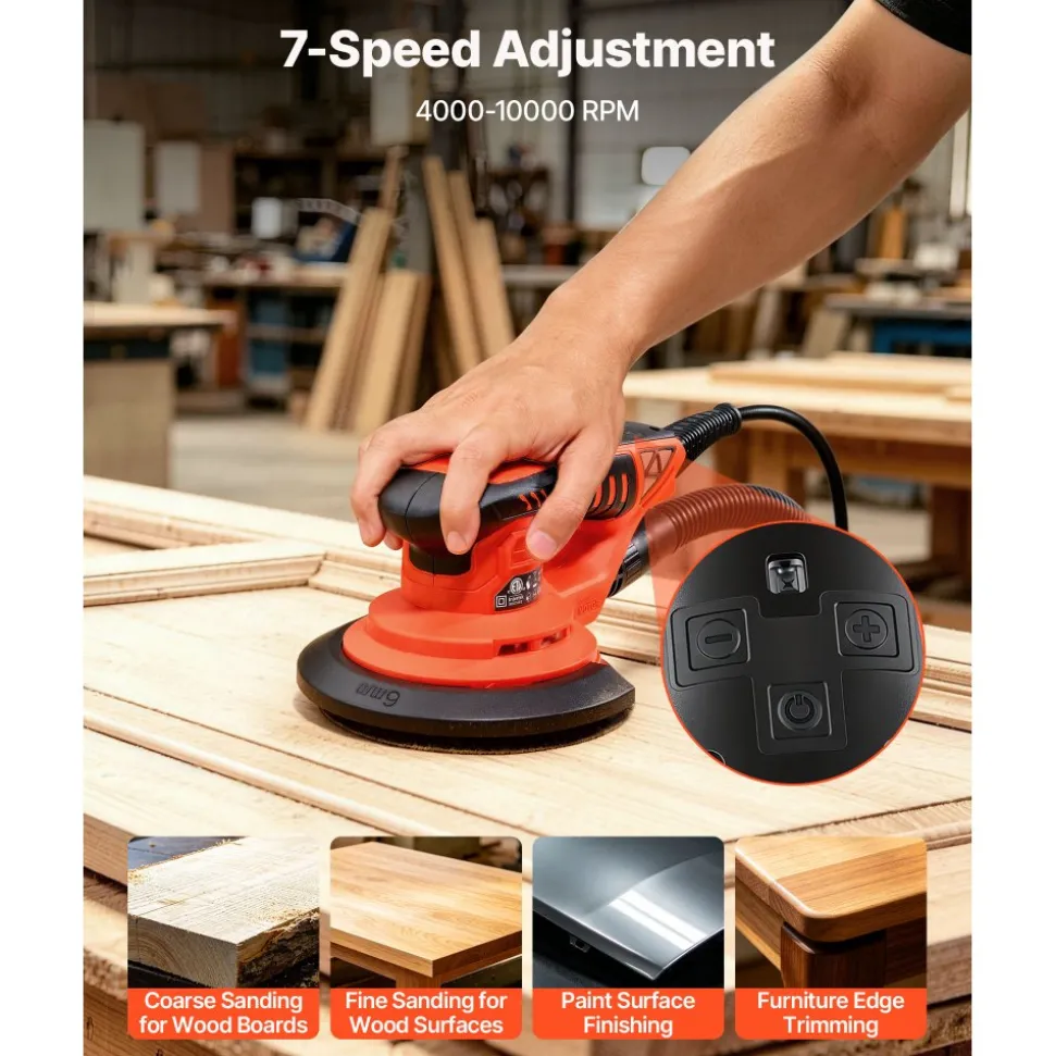 VEVOR 6-Inch Random Orbital Sander 400W Brushless Orbital Sander, 4000-10000RPM 7 Speeds Electric Palm Sanders with 10PCS Sandpapers, Dust Bag & Vacuum Hose for Woodworking Detailing Sanding