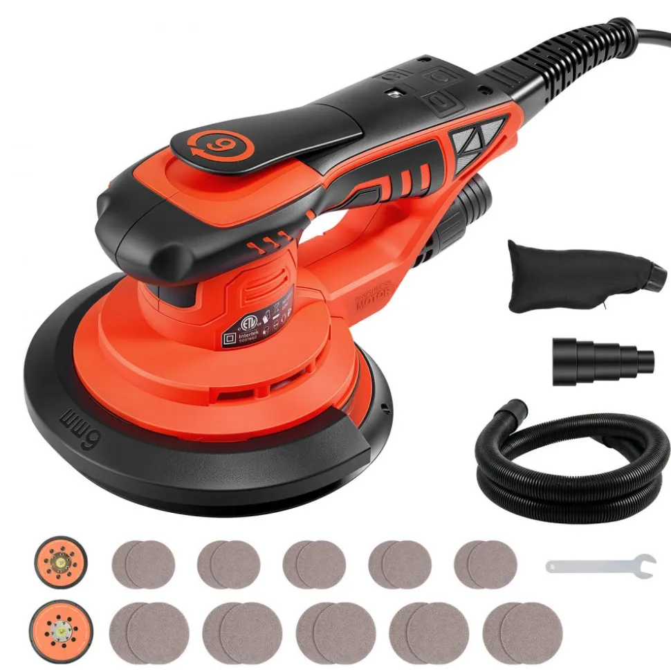 VEVOR 5 & 6-Inch Random Orbital Sander 400W Brushless Orbital Sander, 4000-10000RPM 7 Speeds Electric Palm Sanders with 20PCS Sandpapers, Dust Bag & Vacuum Hose for Woodworking Detailing Sanding