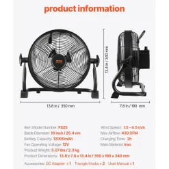 VEVOR 10 inch Rechargeable Battery Operated Camping Floor, High Velocity Portable Outdoor Fan with Metal Frame, Copper Brushless Motor, 360-degree Manual Rotation,for Fishing,Traveling, Picnicking