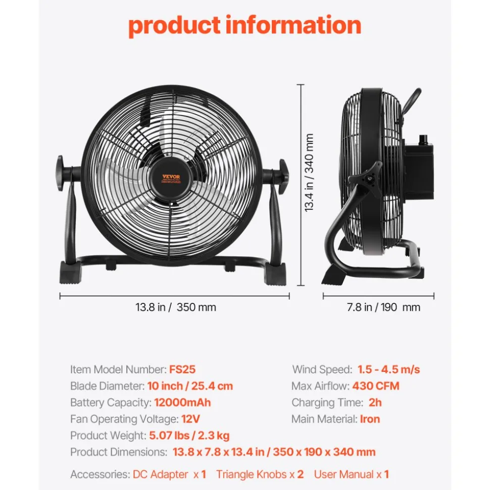 VEVOR 10 inch Rechargeable Battery Operated Camping Floor, High Velocity Portable Outdoor Fan with Metal Frame, Copper Brushless Motor, 360-degree Manual Rotation,for Fishing,Traveling, Picnicking