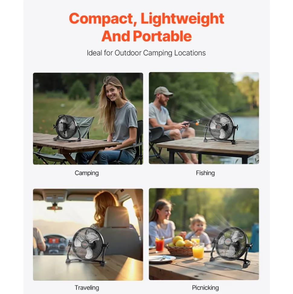 VEVOR 10 inch Rechargeable Battery Operated Camping Floor, High Velocity Portable Outdoor Fan with Metal Frame, Copper Brushless Motor, 360-degree Manual Rotation,for Fishing,Traveling, Picnicking