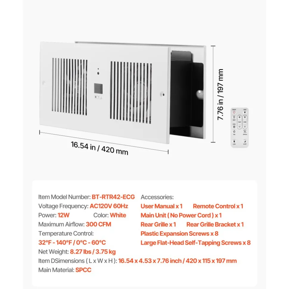 VEVOR 4-Inch Room to Room Fan, 2-in-1 300 CFM Through Wall Fan with Remote Control & Temperature Control, 10-Speed Ventilation Quiet Vent for Kitchen, Living & Laundry Room, Workshop