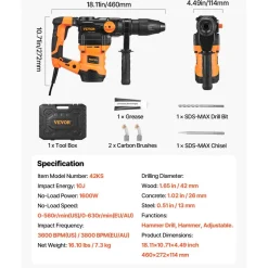 VEVOR 1-9/16 Inch SDS-Max Rotary Hammer Drill, 13Amp Corded Drills, Heavy Duty Chipping Hammers with Vibration Control & Safety Clutch, Electric Demolition Hammers Variable Speed, Power Tool For Concr