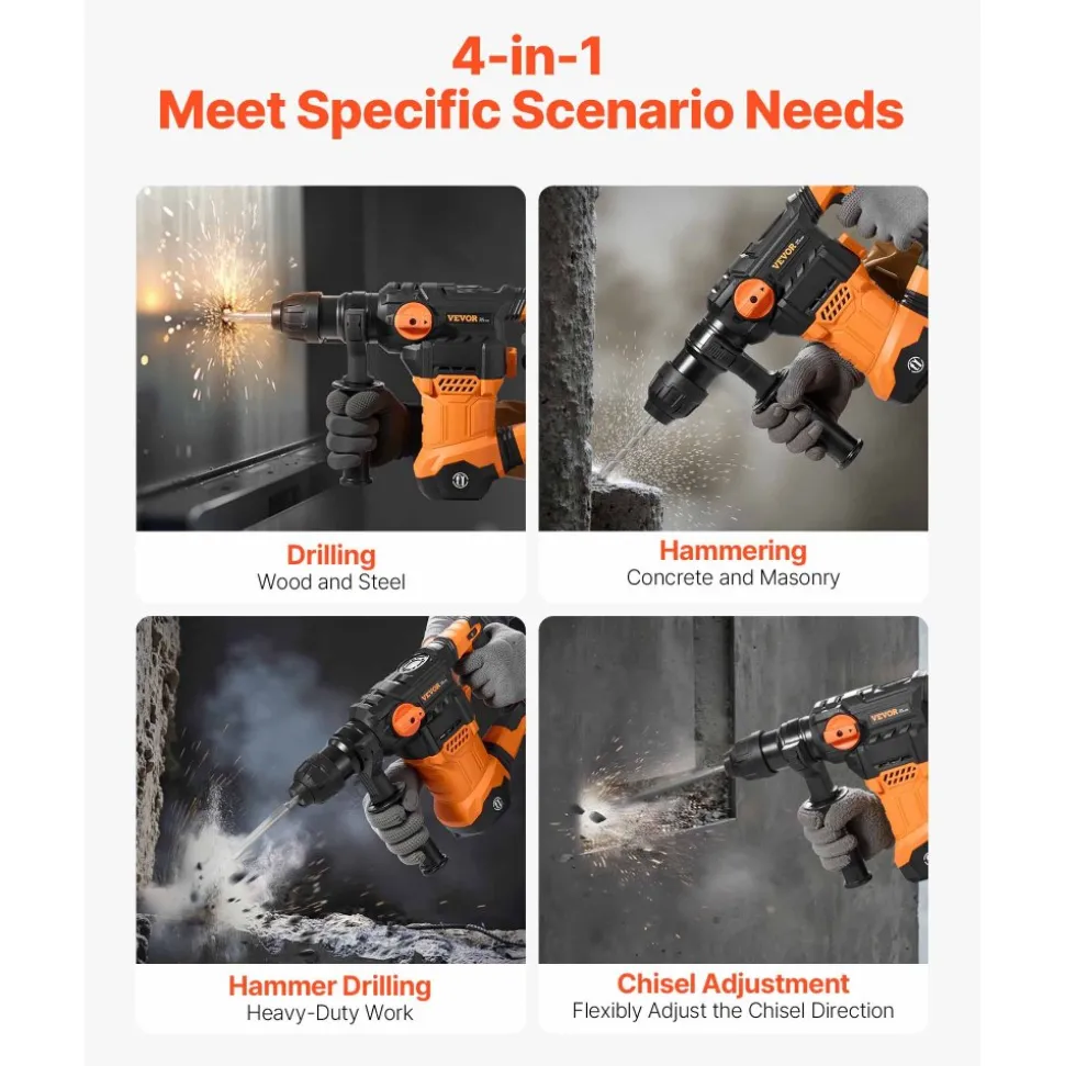 VEVOR 1-1/4 Inch SDS-Plus Rotary Hammer Drill, 13 Amp Corded Drills, Heavy Duty Chipping Hammers with Vibration Control & Safety Clutch, Electric Demolition Hammers Variable Speed, Power Tool For Conc