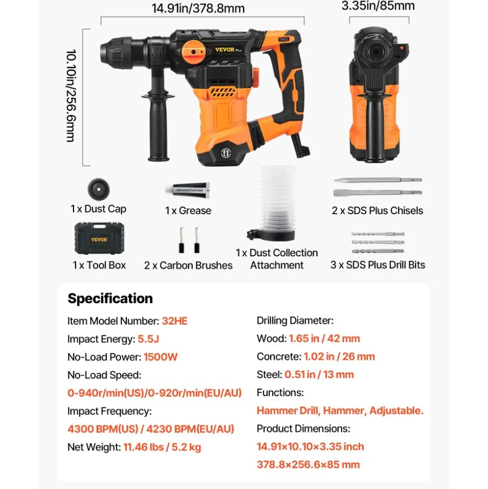 VEVOR 1-1/4 Inch SDS-Plus Rotary Hammer Drill, 13 Amp Corded Drills, Heavy Duty Chipping Hammers with Vibration Control & Safety Clutch, Electric Demolition Hammers Variable Speed, Power Tool For Conc