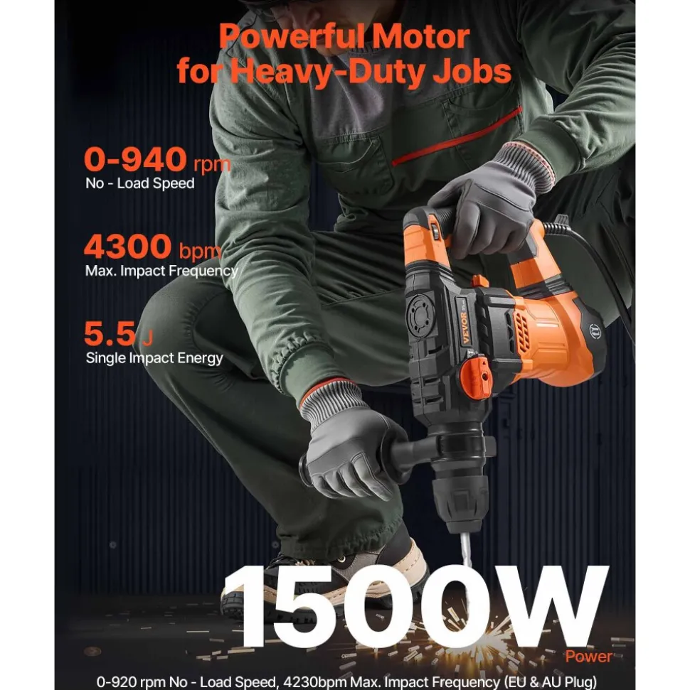 VEVOR 1-1/4 Inch SDS-Plus Rotary Hammer Drill, 13 Amp Corded Drills, Heavy Duty Chipping Hammers with Vibration Control & Safety Clutch, Electric Demolition Hammers Variable Speed, Power Tool For Conc