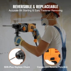 VEVOR 1 Inch SDS-Plus Rotary Hammer Drill, 8 Amp Corded Drills, Heavy Duty Chipping Hammers with Safety Clutch, Electric Demolition Hammers, Taladro Rotomartillo, Power Tool For Concrete