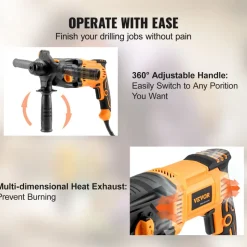 VEVOR 1 Inch SDS-Plus Rotary Hammer Drill, 8 Amp Corded Drills, Heavy Duty Chipping Hammers with Safety Clutch, Electric Demolition Hammers, Taladro Rotomartillo, Power Tool For Concrete