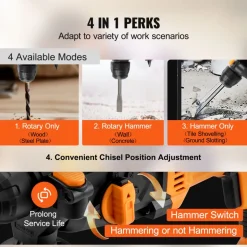 VEVOR 1 Inch SDS-Plus Rotary Hammer Drill, 8 Amp Corded Drills, Heavy Duty Chipping Hammers with Safety Clutch, Electric Demolition Hammers, Taladro Rotomartillo, Power Tool For Concrete